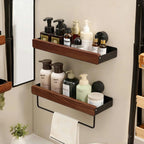 luxe wandplank van walnoothout met handdoekstang