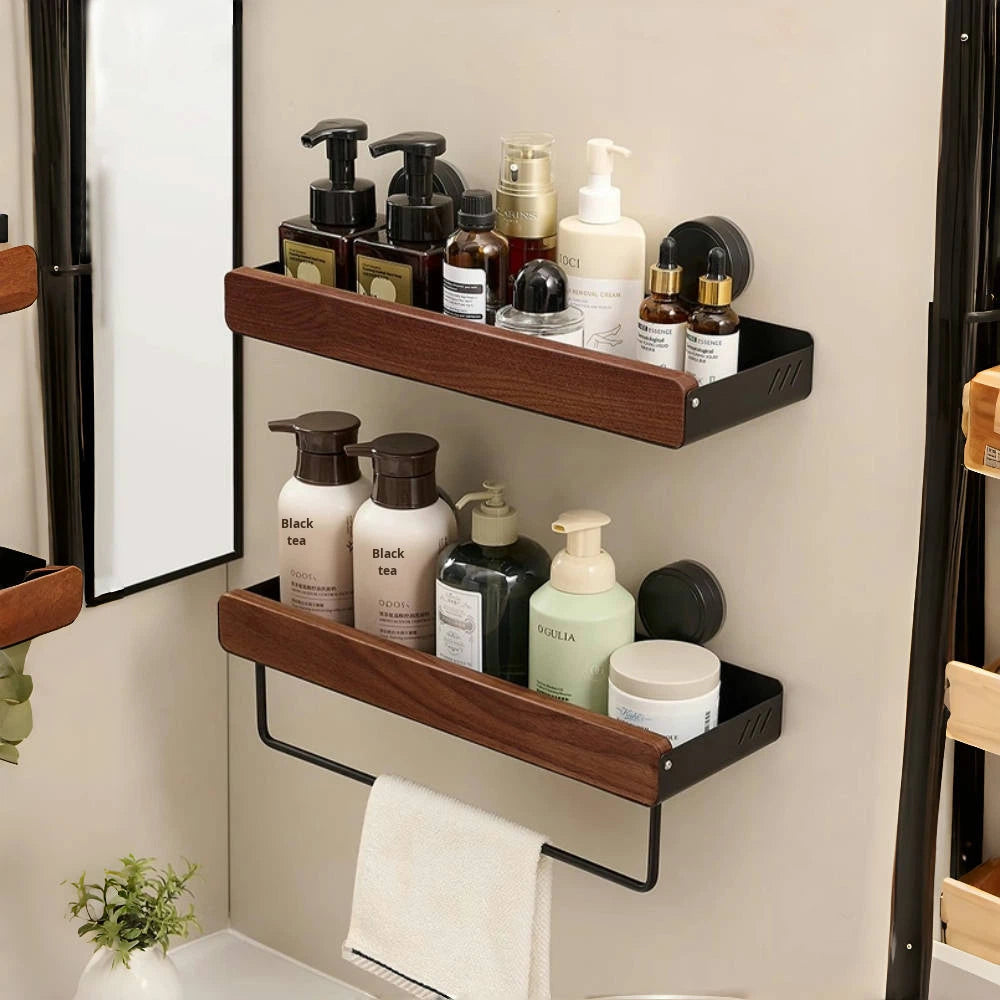 luxe wandplank van walnoothout met handdoekstang