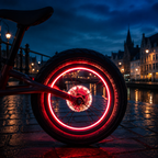 Rode USB-oplaadbare fietswielverlichting rond de wielnaaf bij avond